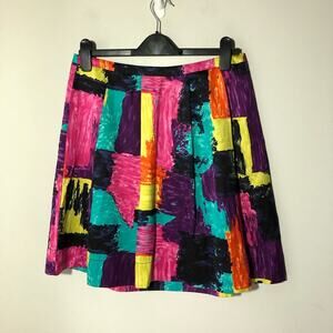 Trina Turk womens 8 pleated knee length abstract art skirt silk cotton colorful